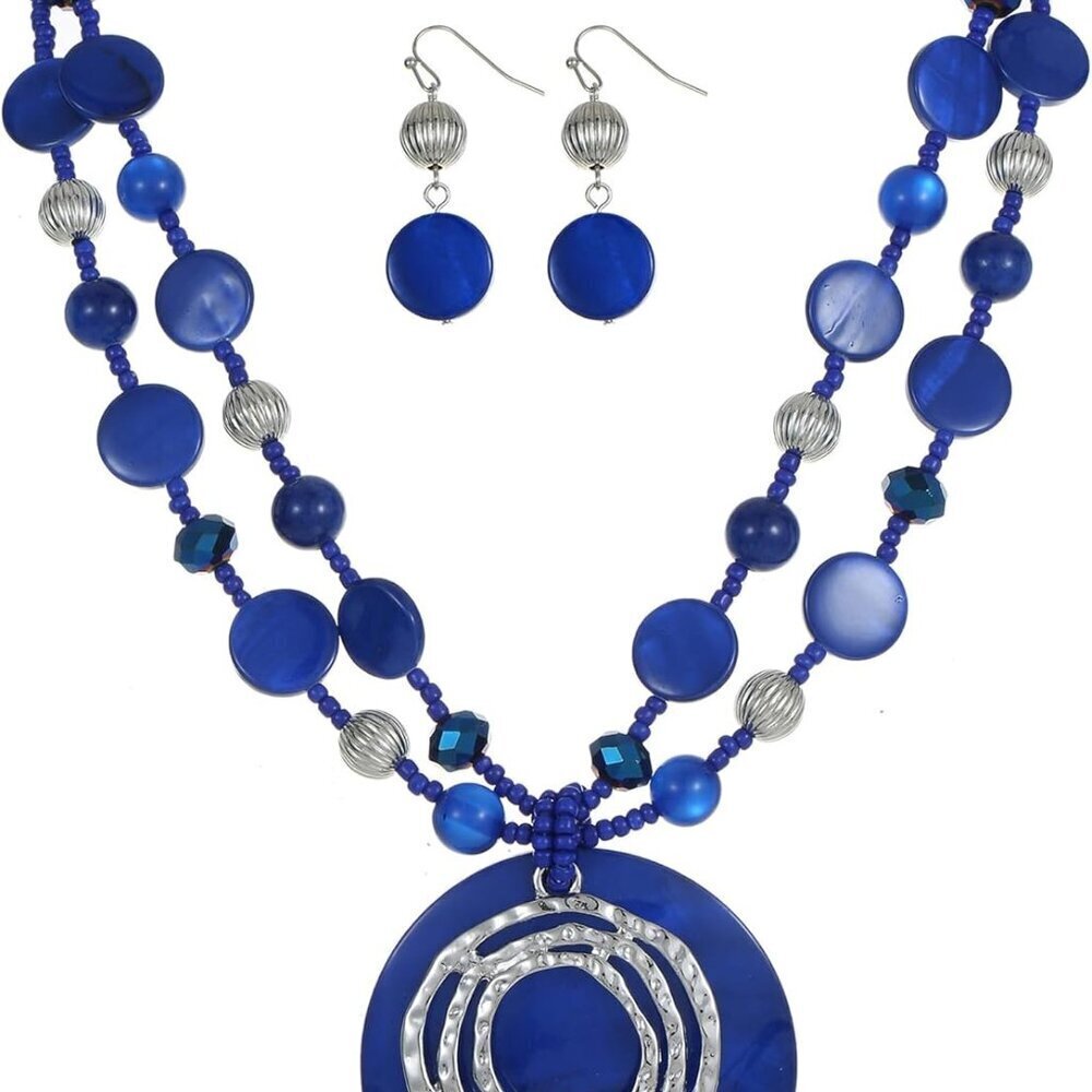 Multilayered Shell Pendant Necklace Set for Women with Colorful Beads and Earrin